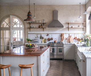 Modern farmhouse kitchen island with shiplap paneling detail