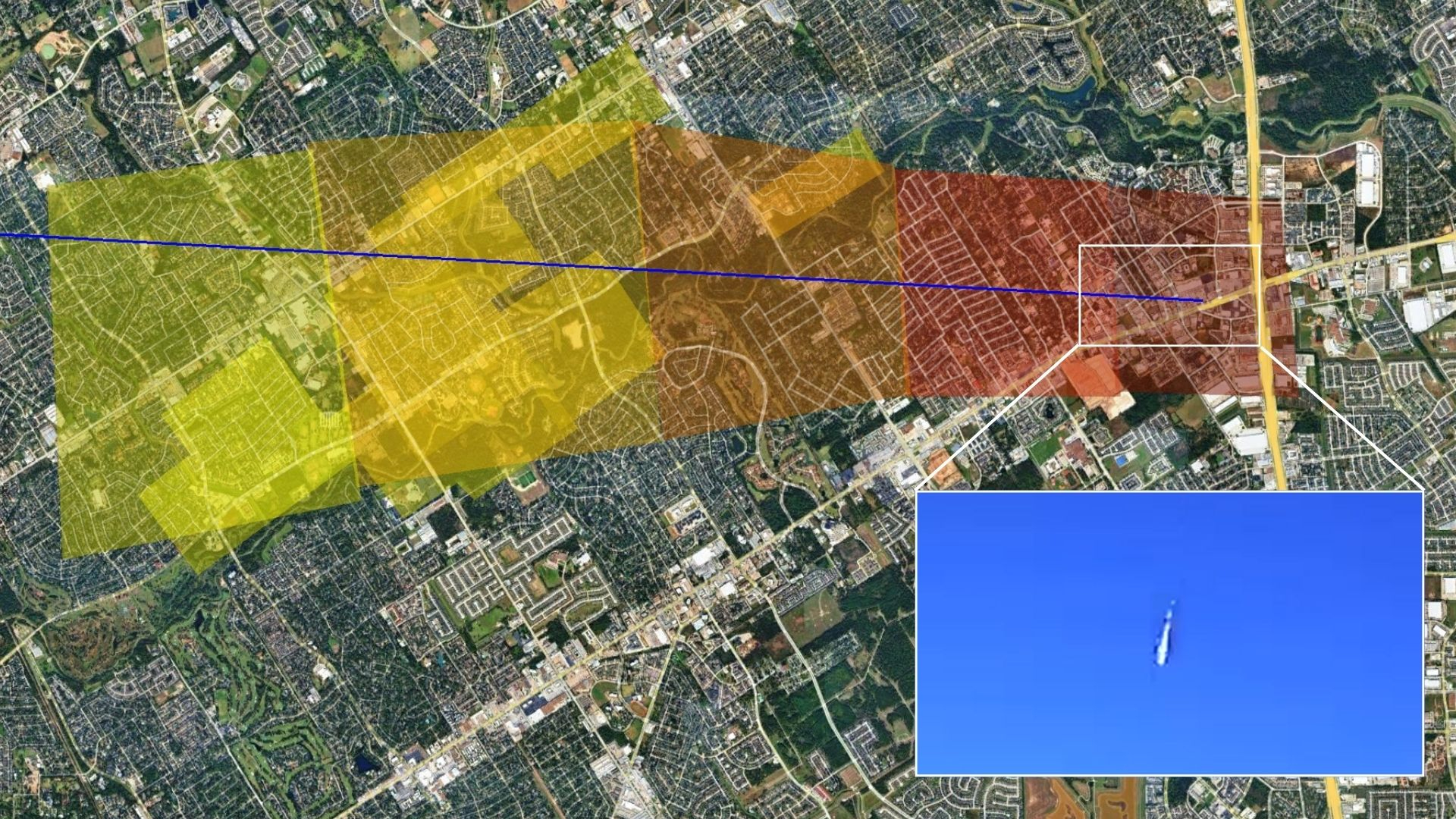 A satellite image is shown overlaid with yellow, orange and red boxes displaying where meteorites may have fallen. The fireball is shown blazing through a blue sky to the bottom right of the image.