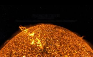 The active sun dominates this still image from NASA's "Dynamic Earth," a four-minute animation describing the relationship between the sun and Earth's climate and weather. The animation won the 2013 International Science and Engineering Visualization Challenge held by the journal Science and National Science Foundation.