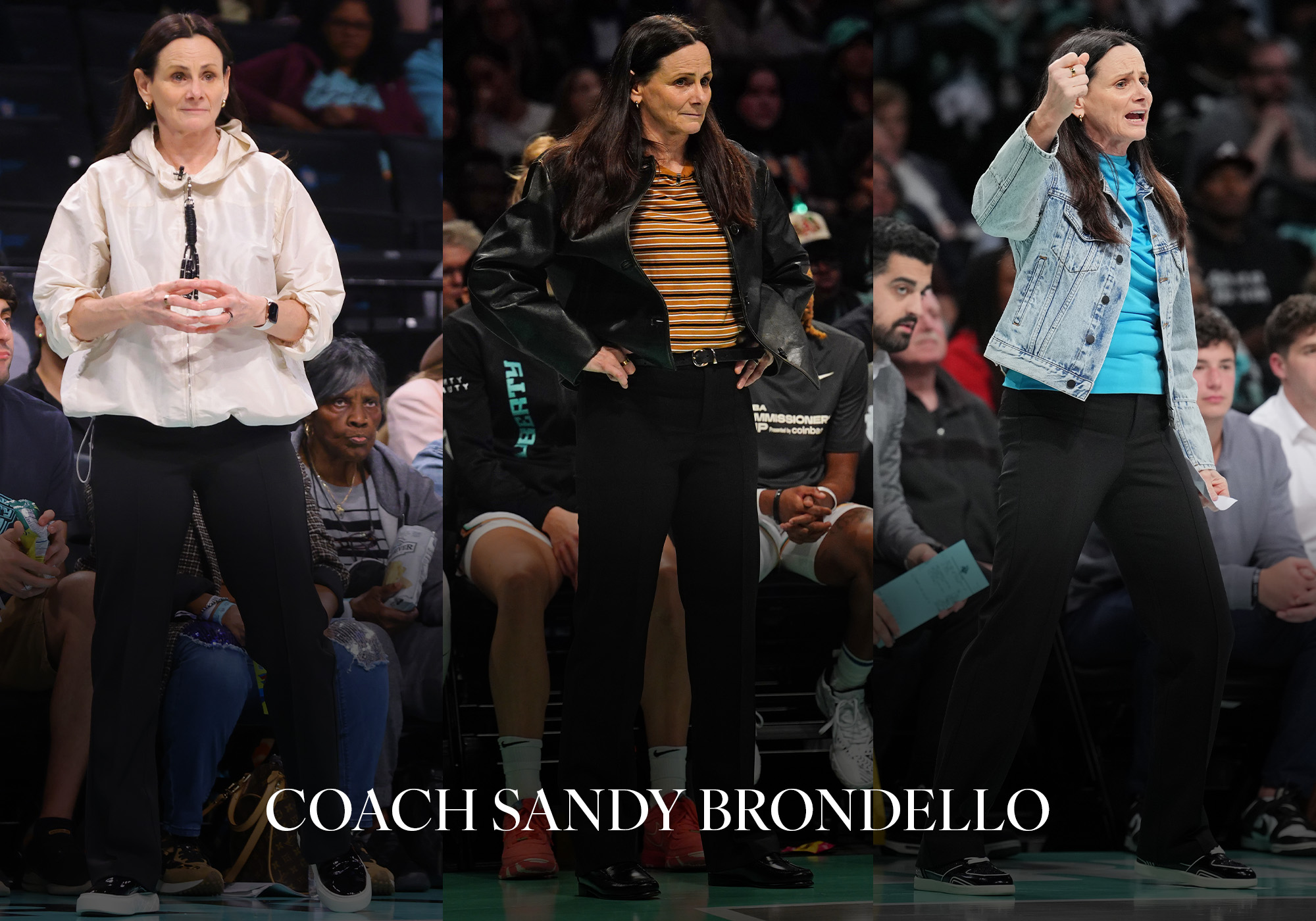 Three courtside photos of Coach Sandy Brondello with her name on top in white, capital, serif letters.