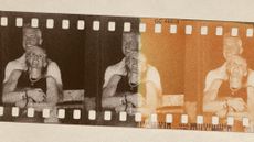 Photo collage of the Coldplay 'kiss cam' clip appearing to show a tech CEO and his head of HR embracing on a strip of analog film