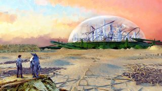 A painting of two figures standing on a cliffside far away from a city in a glass bubble full of tall surroundings in the middle of a desert