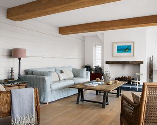 Living room with wood floor, walls and beams