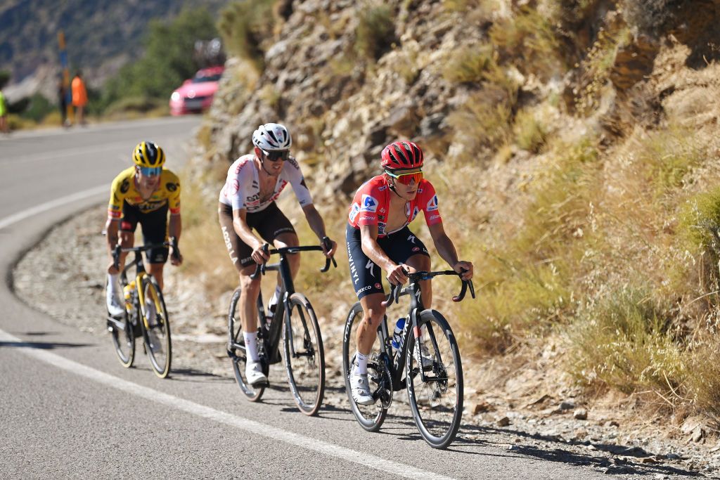 SIERRA NEVADAGRANADA SPAIN SEPTEMBER 04 Remco Evenepoel of Belgium and Team QuickStep Alpha Vinyl Red Leader Jersey competes during the 77th Tour of Spain 2022 Stage 15 a 1526km stage from Martos to Sierra Nevada Granada 2507m LaVuelta22 WorldTour on September 04 2022 in Sierra Nevada Spain Photo by Justin SetterfieldGetty Images