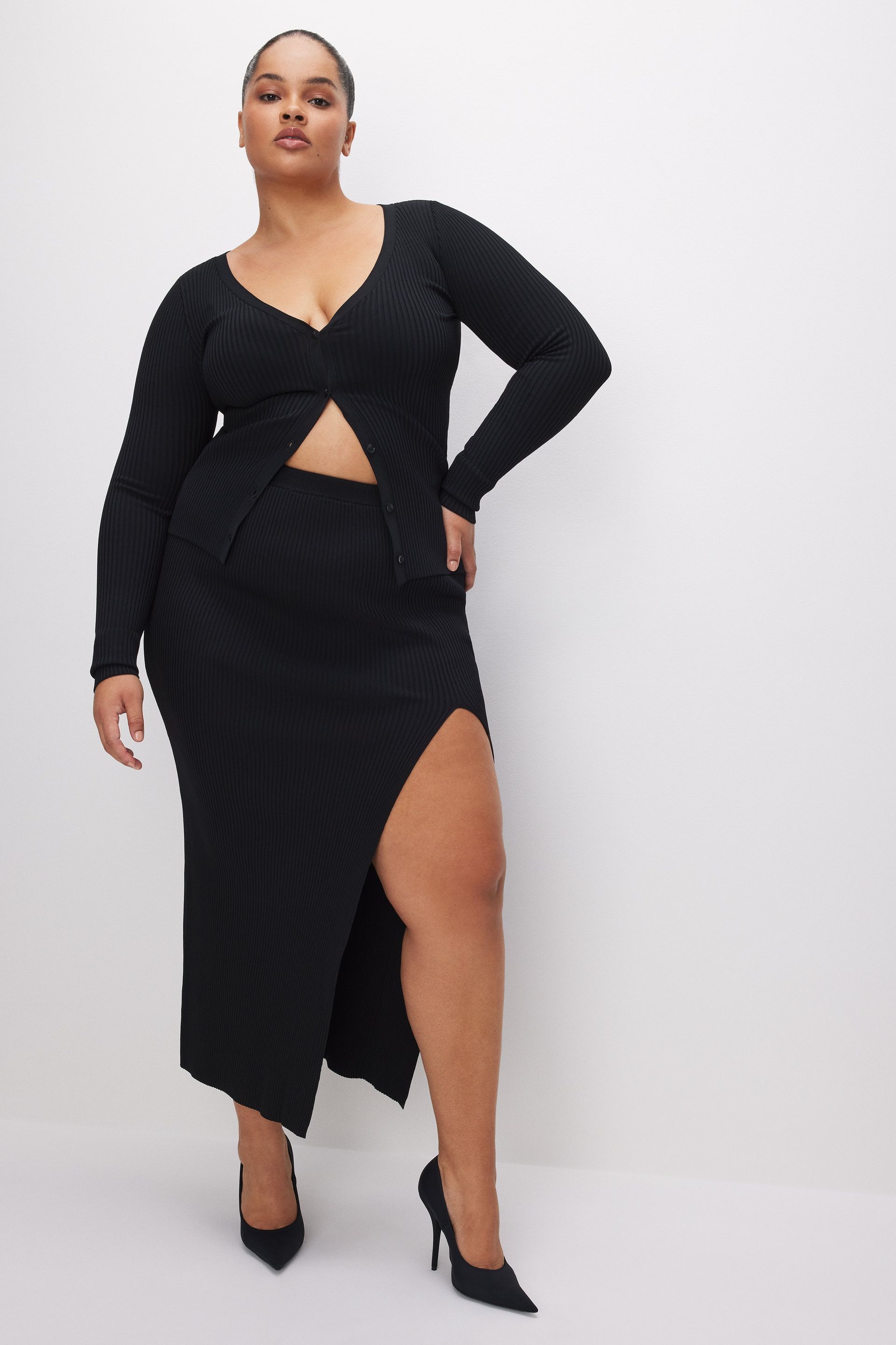 Stretch Rib Midi Skirt | Black001
