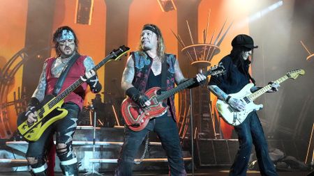 Nikki Sixx, Vince Neil and Mick Mars of M&ouml;tley Cr&uuml;e perform onstage during The Stadium Tour at Nationals Park on June 22, 2022 in Washington, DC