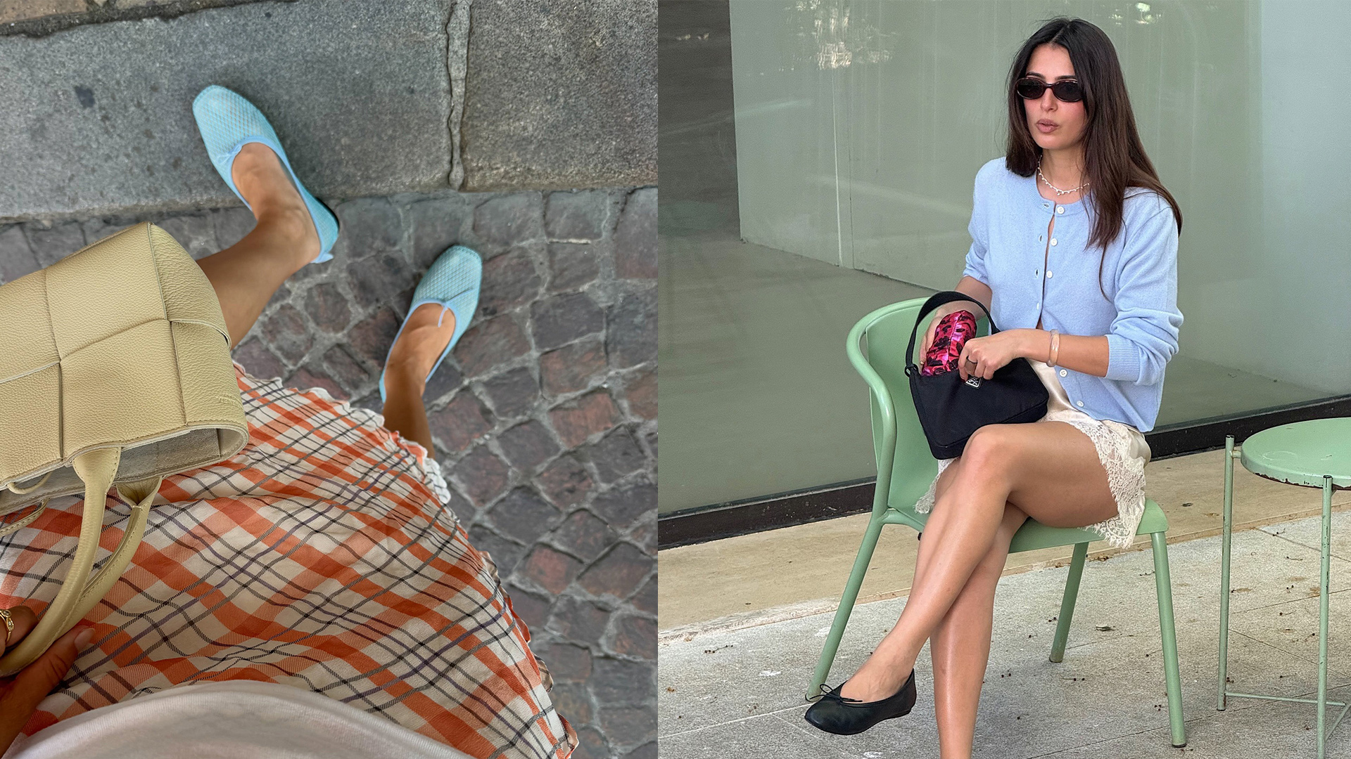 Collage of French women wearing summer outfits with ballet flats