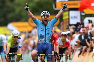 Mark Cavendish celebrates his historic 35th Tour de France stage win on stage five, 2024.