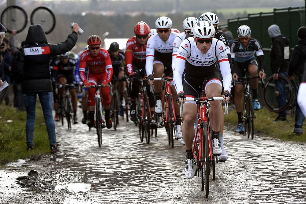 Kristoff Vandewalle (Trek) leads on the cobbles