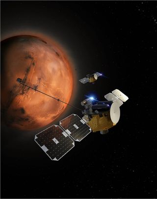 a rectangular space craft with two wing-like solar panels above a reddish orange planet