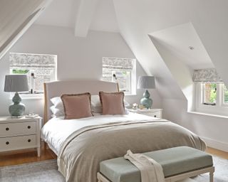 cottage attic bedroom decorated in neutral tones with accessories in soft pink and blue