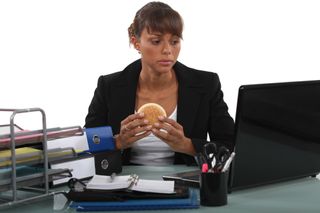 woman, desk, hamburger