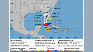A graphic shows hurricane ian's current position south of cuba, and traces its projected path over western cuba and to the west florida coast