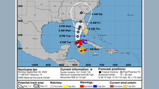 A graphic shows hurricane ian&#039;s current position south of cuba, and traces its projected path over western cuba and to the west florida coast