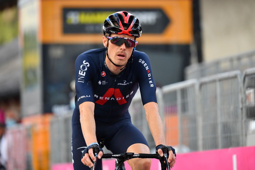 LAGHI DI CANCANO ITALY OCTOBER 22 Arrival Rohan Dennis of Australia and Team INEOS Grenadiers during the 103rd Giro dItalia 2020 Stage 18 a 207km stage from Pinzolo to Laghi di Cancano Parco Nazionale dello Stelvio 1945m girodiitalia Giro on October 22 2020 in Laghi di Cancano Italy Photo by Stuart FranklinGetty Images