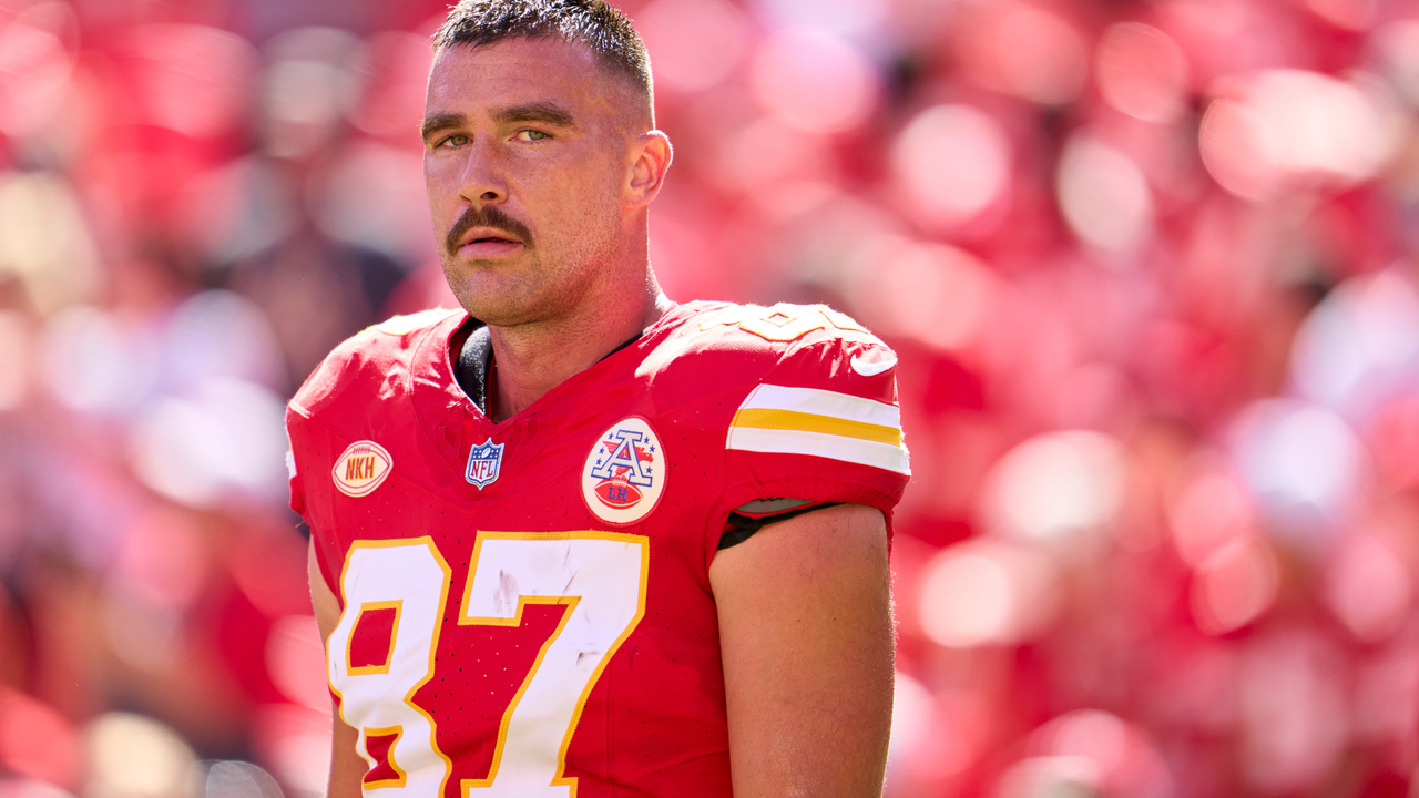 Travis Kelce #87 of the Kansas City Chiefs looks on before kickoff against the Chicago Bears at GEHA Field at Arrowhead Stadium on September 24, 2023 in Kansas City, Missouri