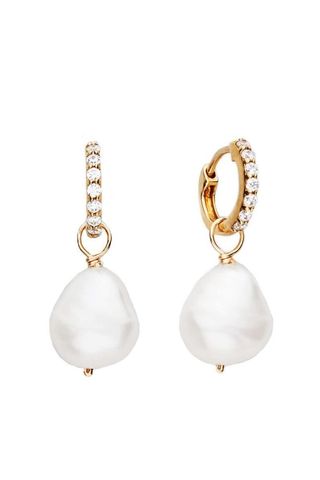 Small Gold Huggie Pearl Drop Earrings