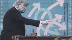 Photo collage of the USS George Washington, arrows, and Donald Trump pointing
