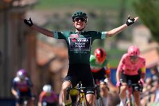 SIGUENZA SPAIN MAY 04 Marianne Vos of The Netherlands and Team Visma Lease a Bike Green points jersey celebrates at finish line as stage winner during the 10th La Vuelta Femenina 2024 Stage 7 a 1386km stage from San Esteban de Gormaz to Siguenza 1030m UCIWT on May 04 2024 in Siguenza Spain Photo by Alex BroadwayGetty Images