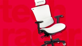 One of the best gaming chairs against a red TechRadar background