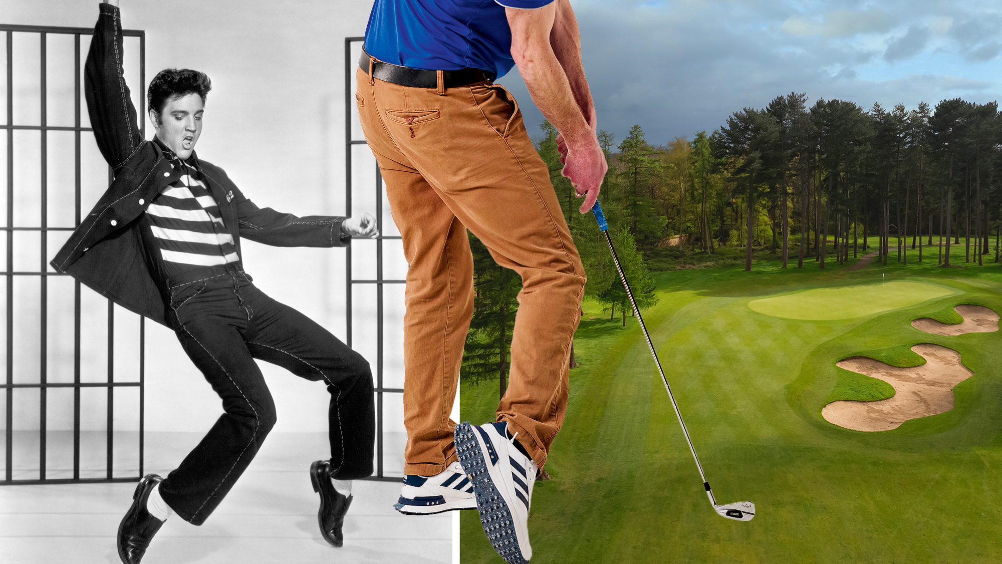 Tom Motley demonstrating a common swing fault that he describes as &#039;Elvis leg&#039;, where the trail leg bends and the foot comes off the ground at impact. There is also an inset image of Elvis Pressley dancing in a promotional poster and a course image of the Palmerston at Brocket Hall Golf Club