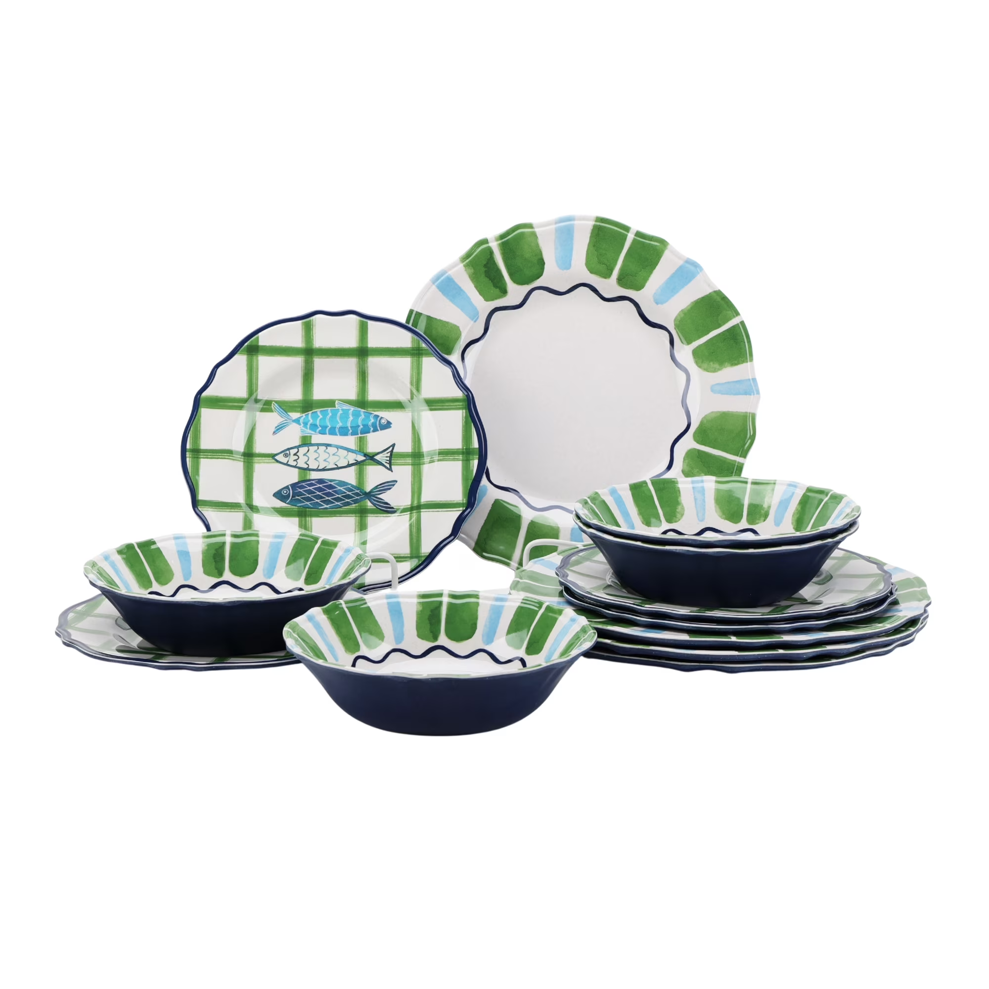 a green, white, and blue dinnerware set with sardine motifs on it