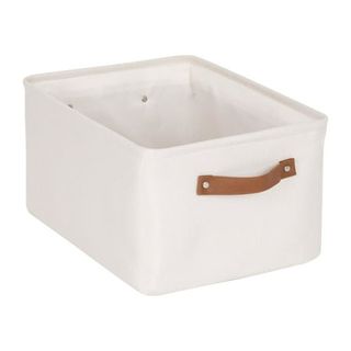 White Mainstays Natural Fabric Canvas Storage Basket With brown Pu Handles