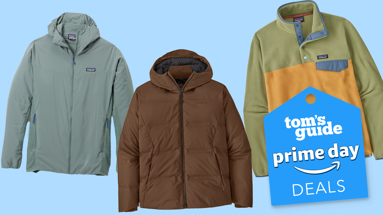 three patagonia jackets are imposed on a blue background with a tom's guide deals tag