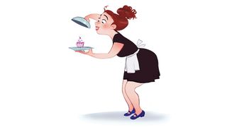 a woman holding a platter with a cupcake on it
