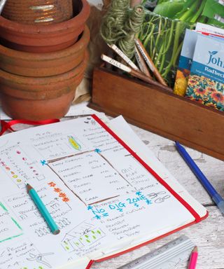 Notebook with plan for a vegetable garden