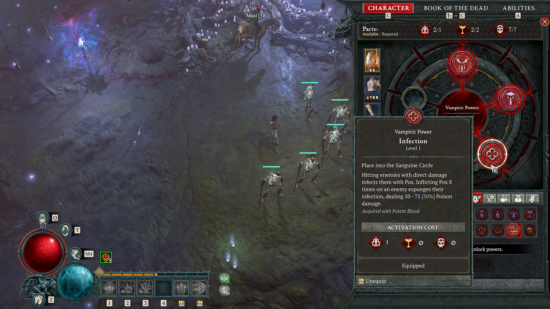 Diablo 4-Screenshot der Benutzeroberfläche „Vampirkräfte“ eines Nekromanten mit fünf kreisförmigen Steckplätzen