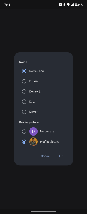 Google Messages profile discovery name change option