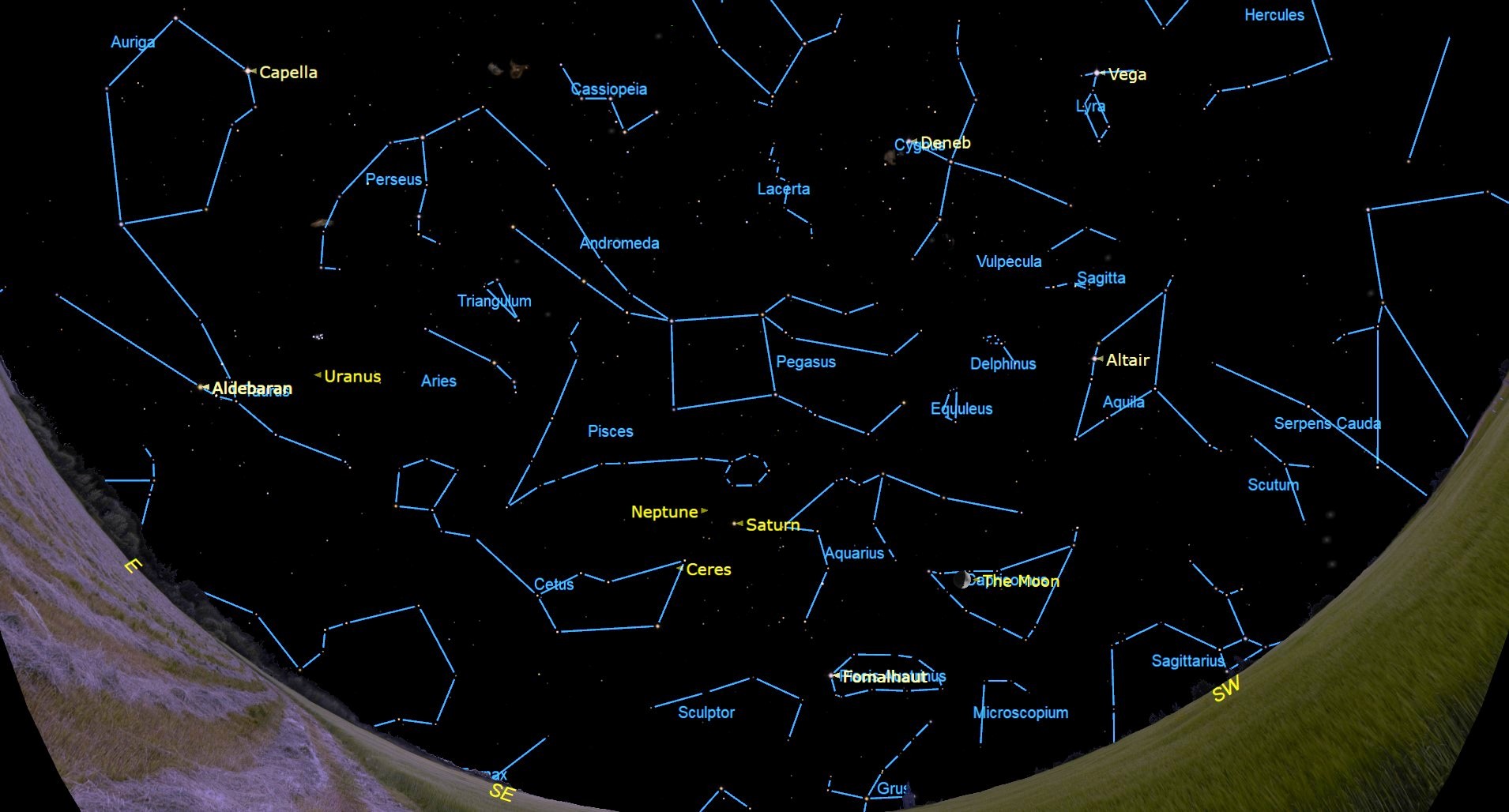 A star map of the night sky showing various constellations like Pieces and Ares but also stars and planets are labeled like Uranus and Neptune.