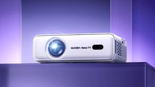 Aurzen D1R Roku smart projector on stand with purple background