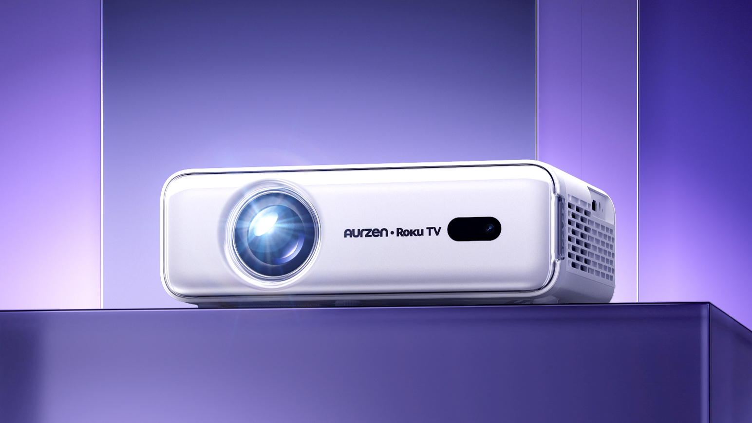 Aurzen D1R Roku smart projector on stand with purple background
