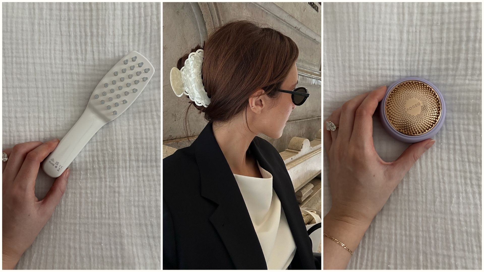 Deputy beauty editor Grace Lindsay holding two LED hair brushes and creator @deborabrosa with her hair in a claw clip