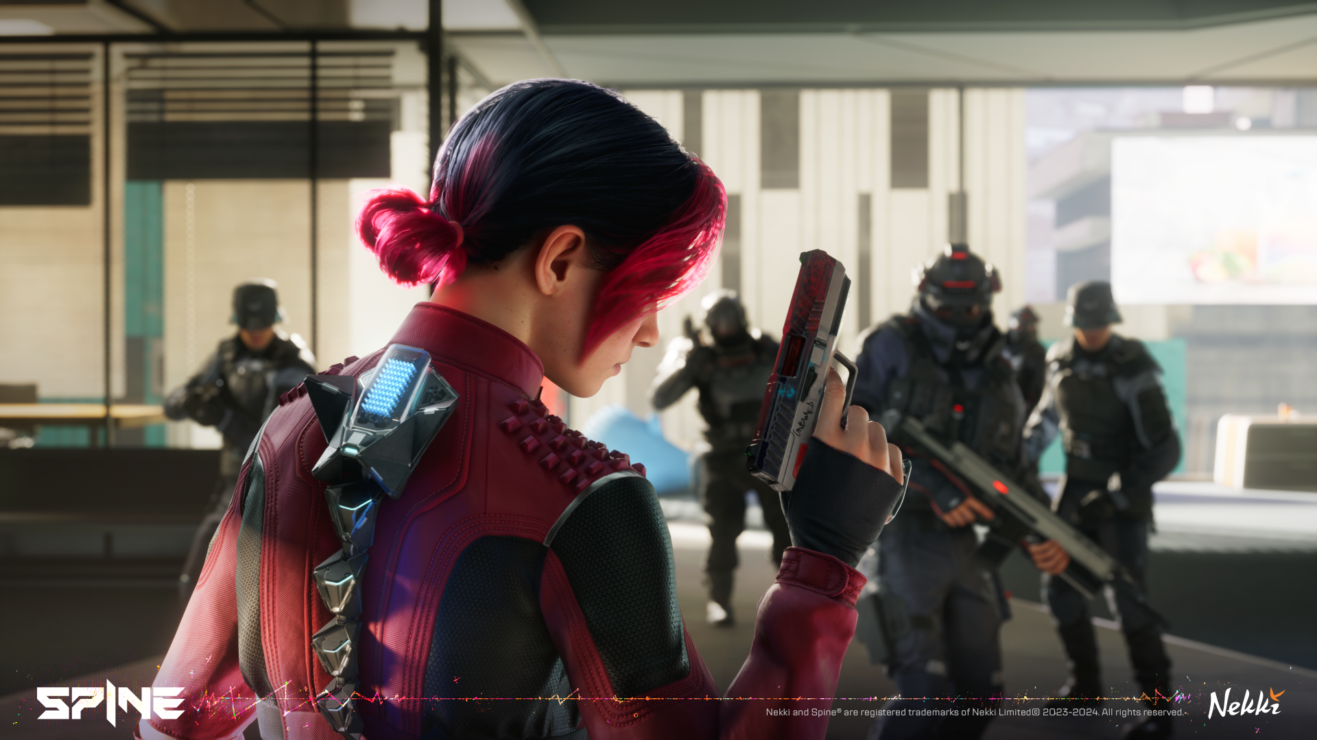 Creating video game SPINE using Unreal Engine 5; a female character with pink hair holds a knife
