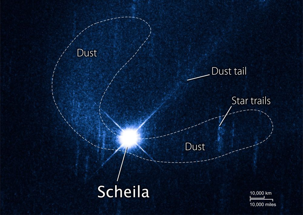 The Hubble Space Telescope imaged (596) Scheila on Dec. 27, 2010, when the asteroid was about 218 million miles away. Scheila is overexposed in this image to reveal the faint dust features. Because Hubble tracked the asteroid during the exposure, the star