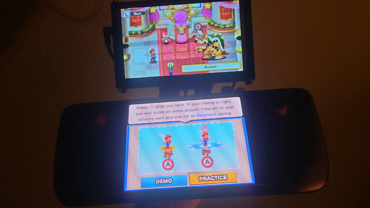 Steam Deck DS concept using "Deckmate" mount, running Mario &amp; Luigi: Superstar Saga + Bowser's Minions.