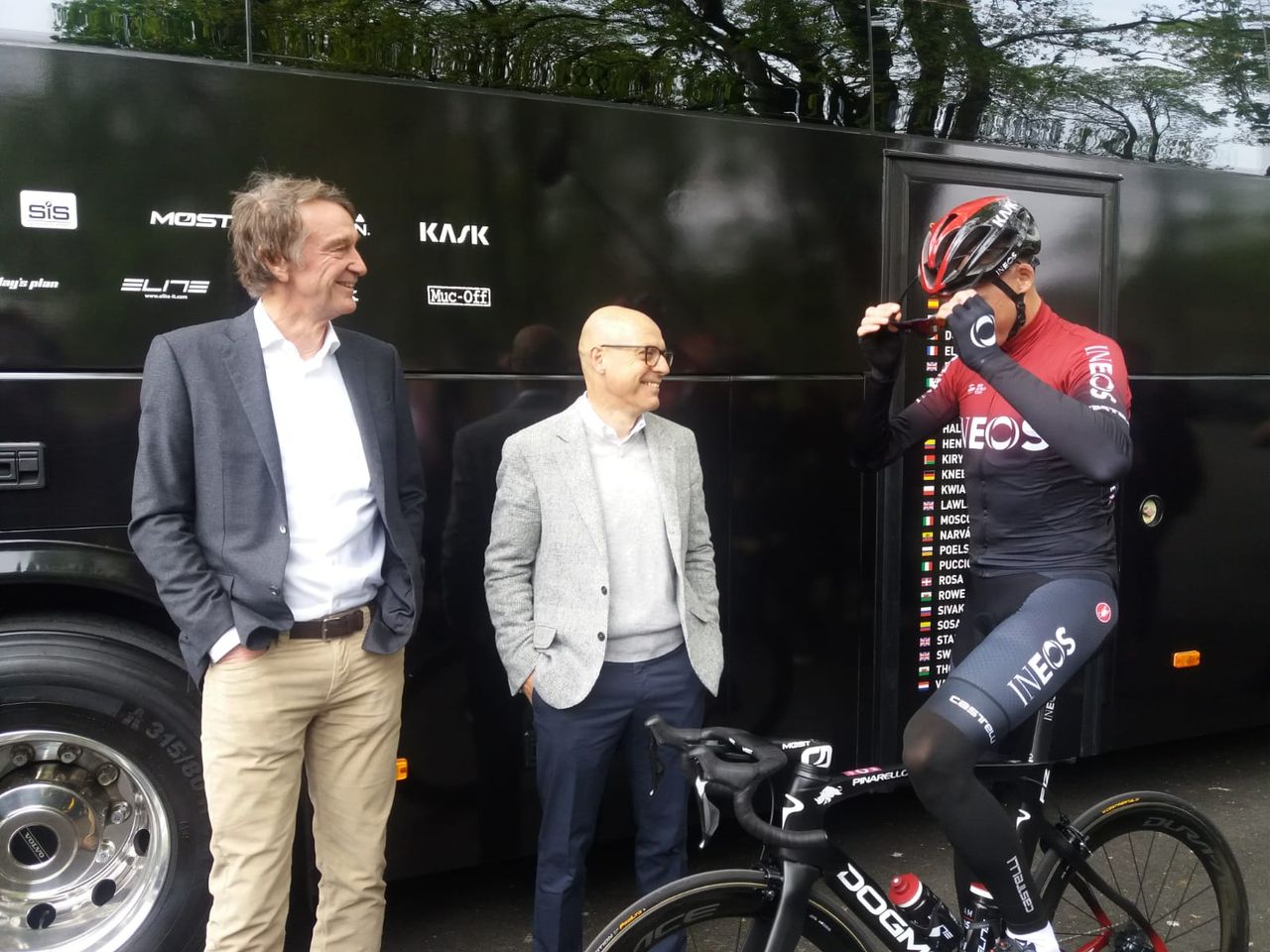 Jim Ratcliffe, Chris Froome and Dave Brailsford at the Team Ineos launch