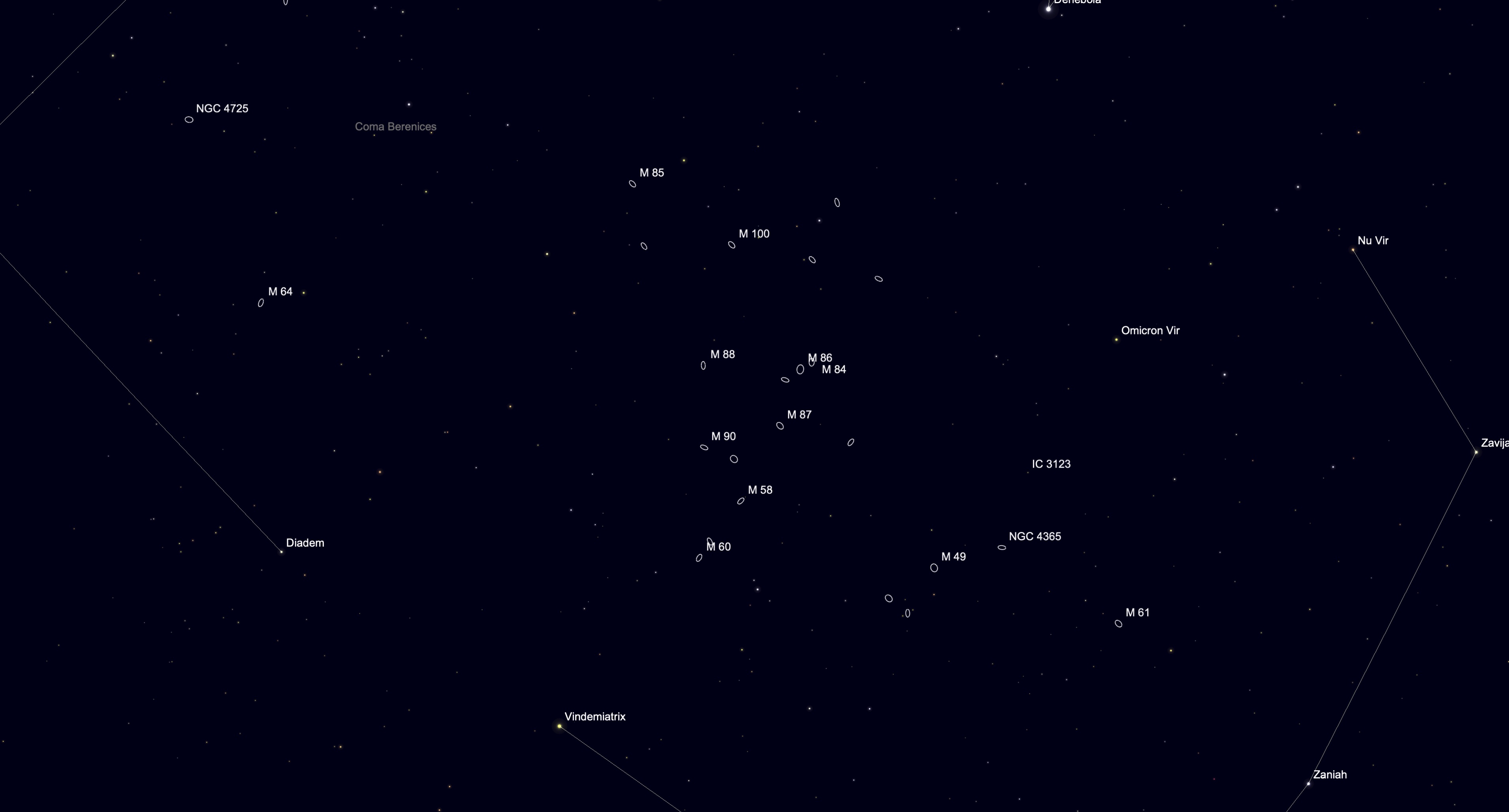 A simulation of the night sky for April 16 showing a cluster of ovals representing the positions of galaxies the bright star Vega in the center of the image between the constellations of Virgo and Coma Berenices.