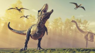 An artist's interpretation shows a T. rex roaring in front of a yellow sky.
