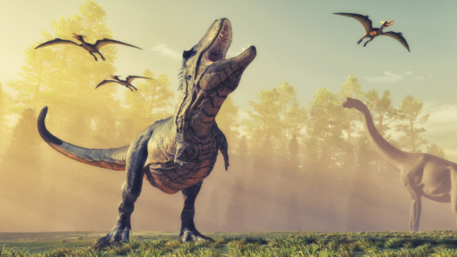 Interpretarea unui artist arată un T. rex care răcnește în fața unui cer galben.