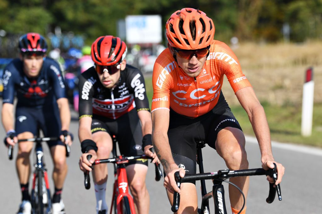MADONNA DI CAMPIGLIO ITALY OCTOBER 21 Ilnur Zakarin of Russia and CCC Team Breakaway during the 103rd Giro dItalia 2020 Stage 17 a 203km stage from Bassano del Grappa to Madonna di Campiglio 1514m girodiitalia Giro on October 21 2020 in Madonna di Campiglio Italy Photo by Tim de WaeleGetty Images