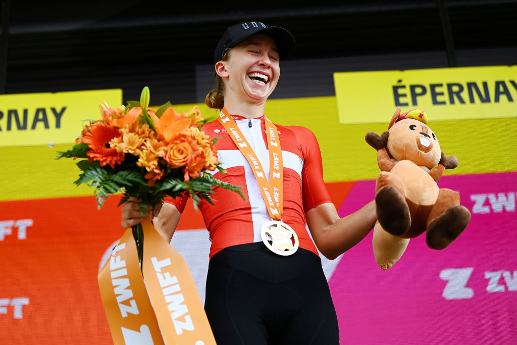 EPERNAY FRANCE JULY 26 Cecilie Uttrup Ludwig of Denmark and Team Fdj Nouvelle Aquitaine Futuroscope celebrates winning the stage on the podium ceremony after the 1st Tour de France Femmes 2022 Stage 3 a 1336km stage from Reims to pernay TDFF UCIWWT on July 26 2022 in Epernay France Photo by Tim de WaeleGetty Images
