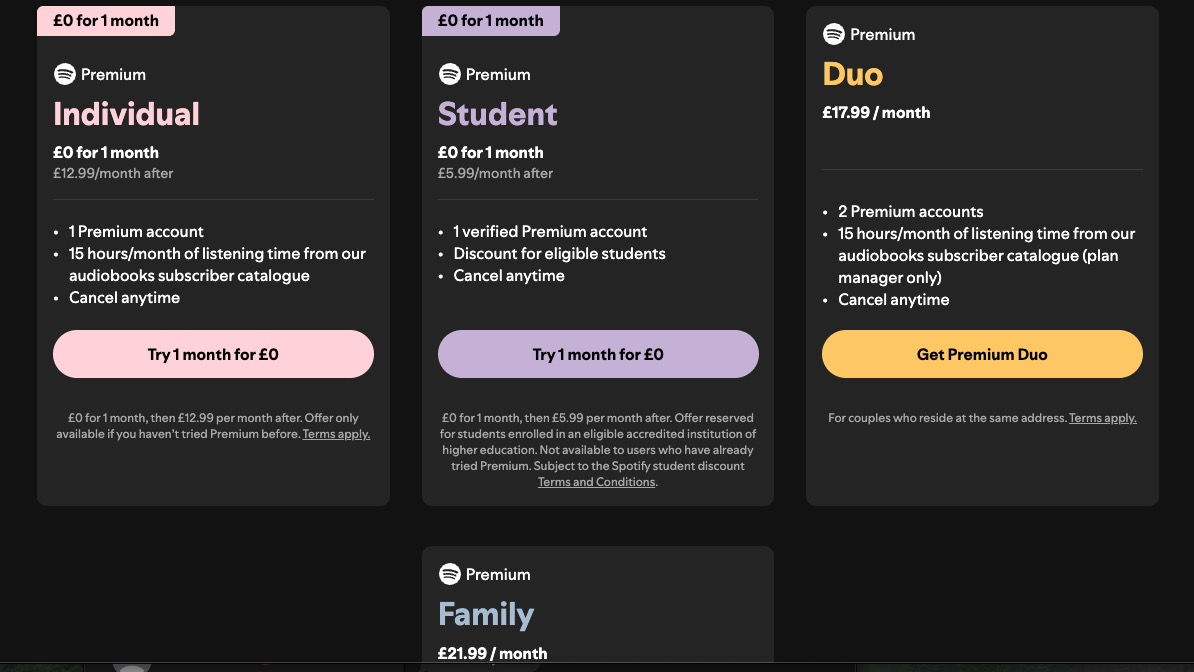 A screengrab of Spotify's plans, accurate as of October 2025.