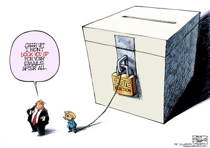 Political cartoon U.S. Donald Trump Hillary Clinton email scandal no jail