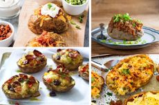 A collage of easy jacket potato fillings including sloppy joe, air fryer potatoes and cheese baked potato too