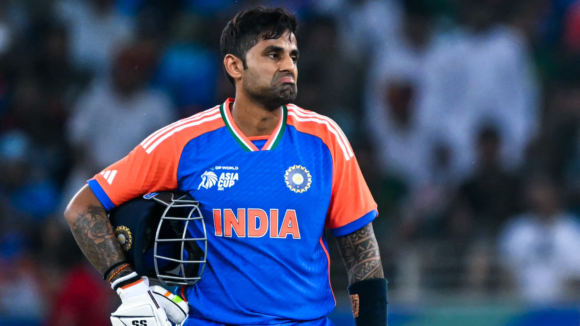 India's captain Suryakumar Yadav reacts after being dismissed during the Asia Cup 2025 Twenty20 international cricket final match between India and Pakistan at the Dubai International Stadium in Dubai on September 28, 2025.