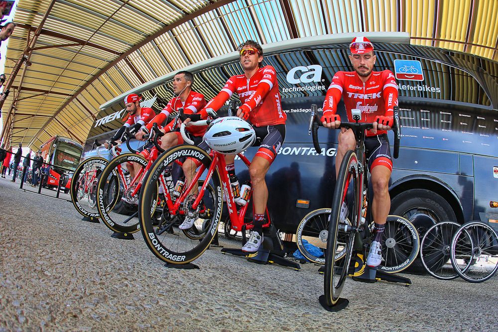 John Degenkolb and his Trek-Segafredo teammates warm up before stage 5 at Paris-Nice